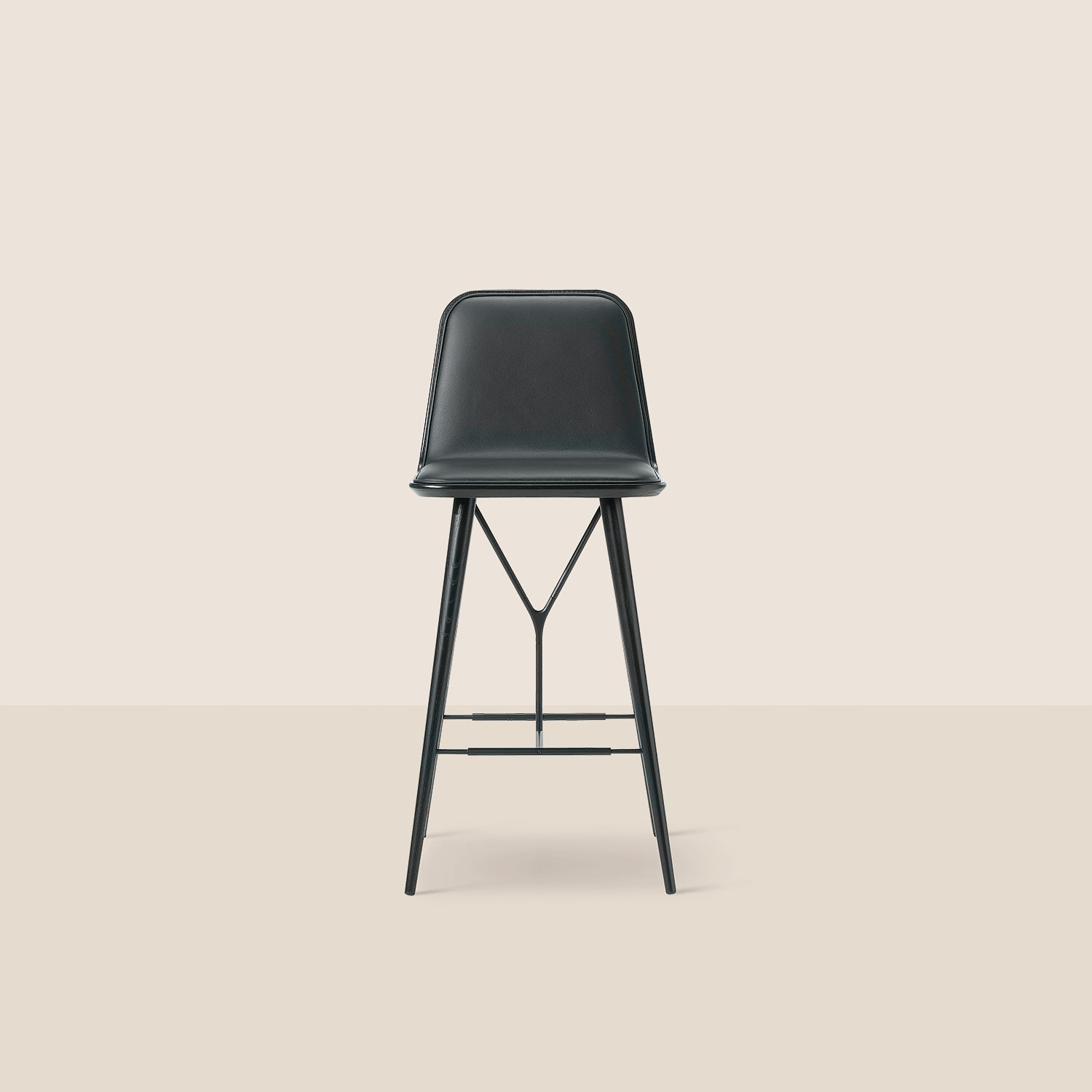 Goodee-Fredericia-Spine Bar/Counter Stool with Back - Wood Base - Color - Black Omni Leather